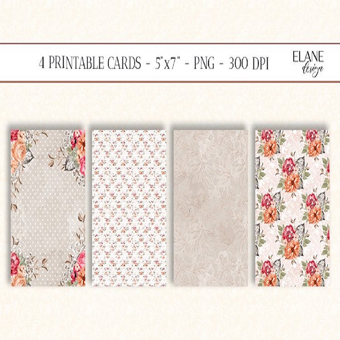 Floral Printable Cards, 4 PNG, Flowers Greeting Cards cover image.