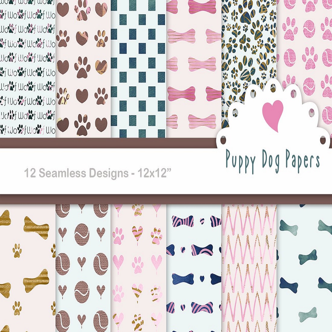 Puppy dog theme seamless paper patterns preview image.