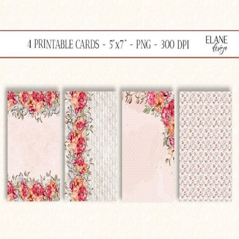 Floral Printable Cards, 4 PNG, Flowers Greeting Cards cover image.