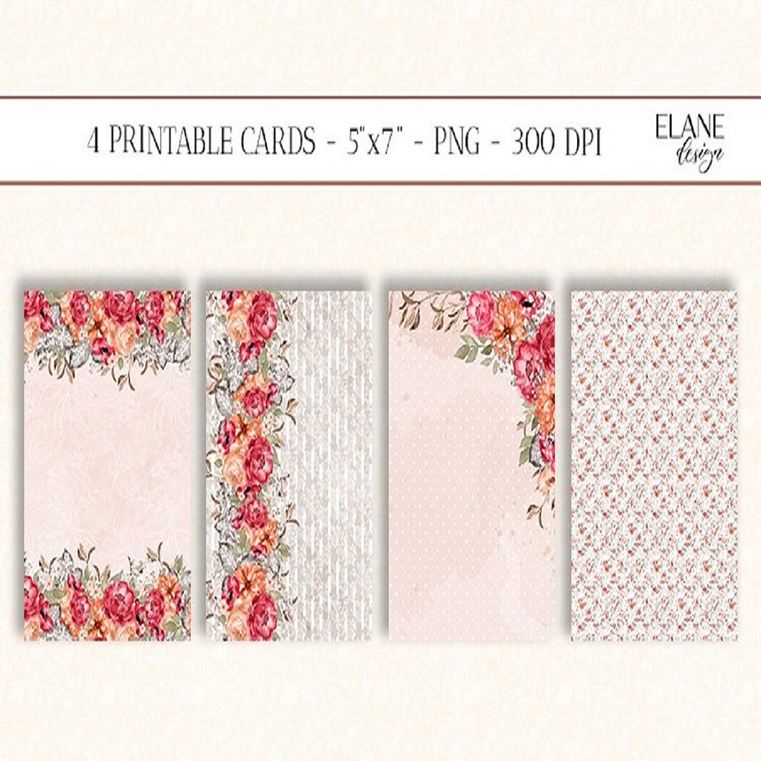 Floral Printable Cards, 4 PNG, Flowers Greeting Cards preview image.