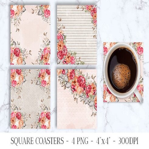 Floral Square Coasters, Autumn Cards Printable, 4 PNG cover image.