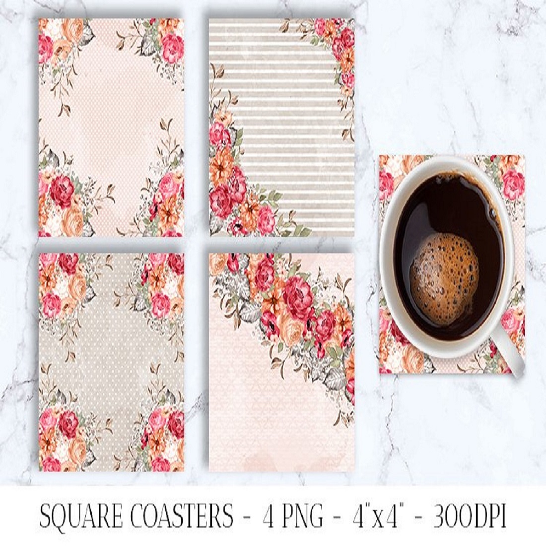 Floral Square Coasters, Autumn Cards Printable, 4 PNG preview image.