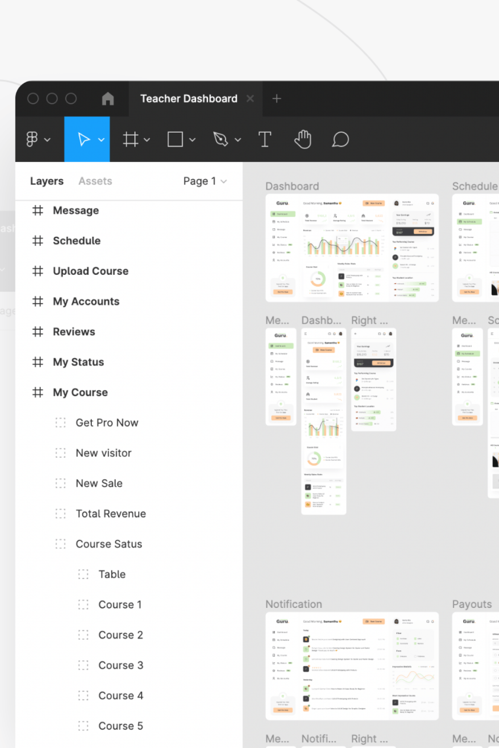 Teacher Dashboard and charts UI KIT for Figma + Adobe XD pinterest preview image.