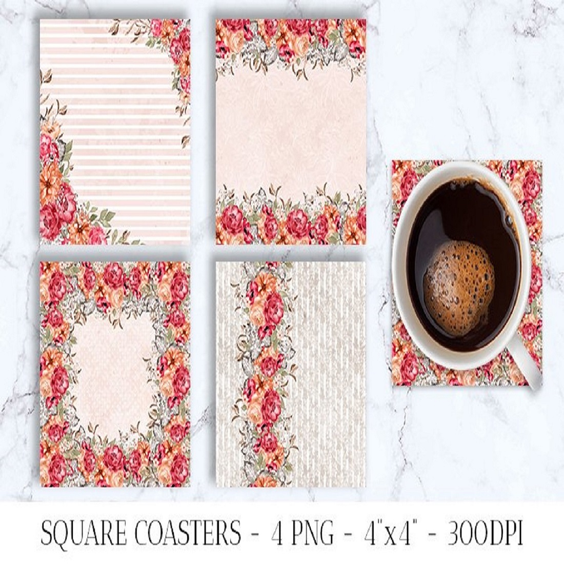 Floral Square Coasters, Autumn Cards Printable, 4 PNG preview image.