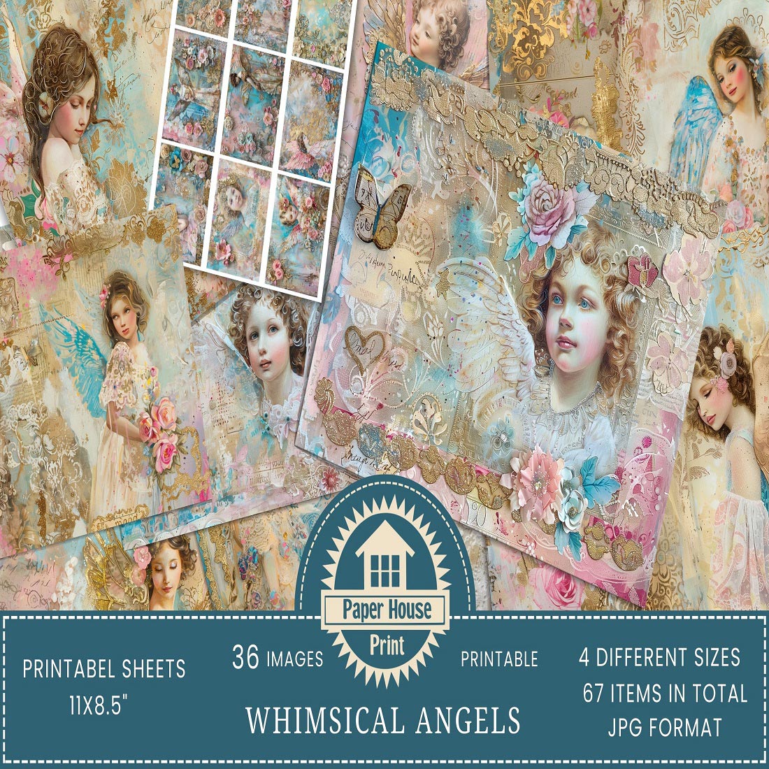 Whimsical Angels Mixed Media Collage Papers preview image.