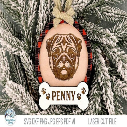 Pug Dog Christmas Ornament SVG File for Laser Cutter cover image.