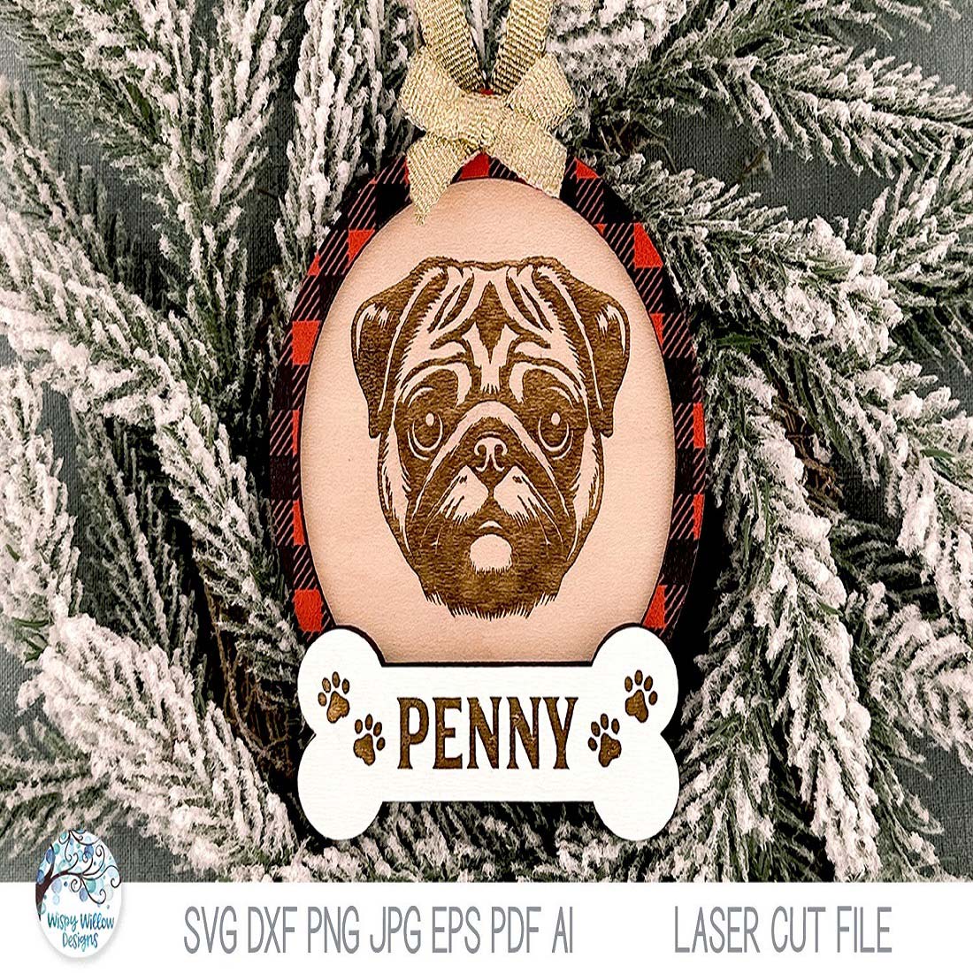 Pug Dog Christmas Ornament SVG File for Laser Cutter preview image.