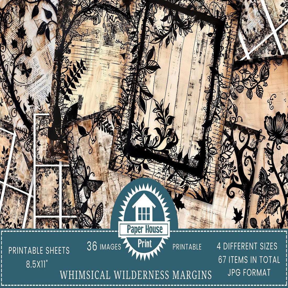 Whimsical Wilderness Paper Borders Vintage Junk Journals preview image.