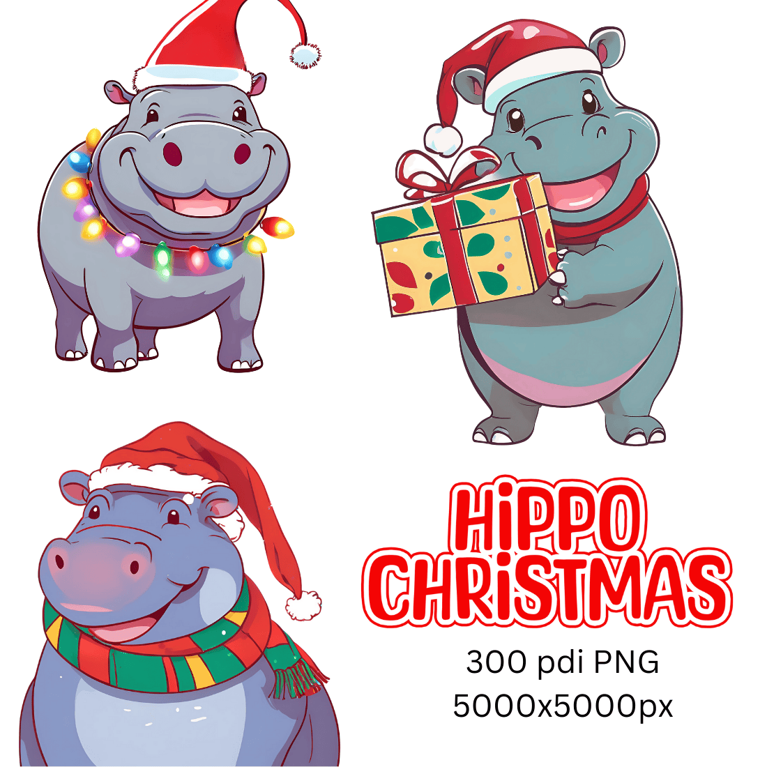 Hippo Christmas cliparts bundle PNG 300dpi transparent backgraund large size cover image.