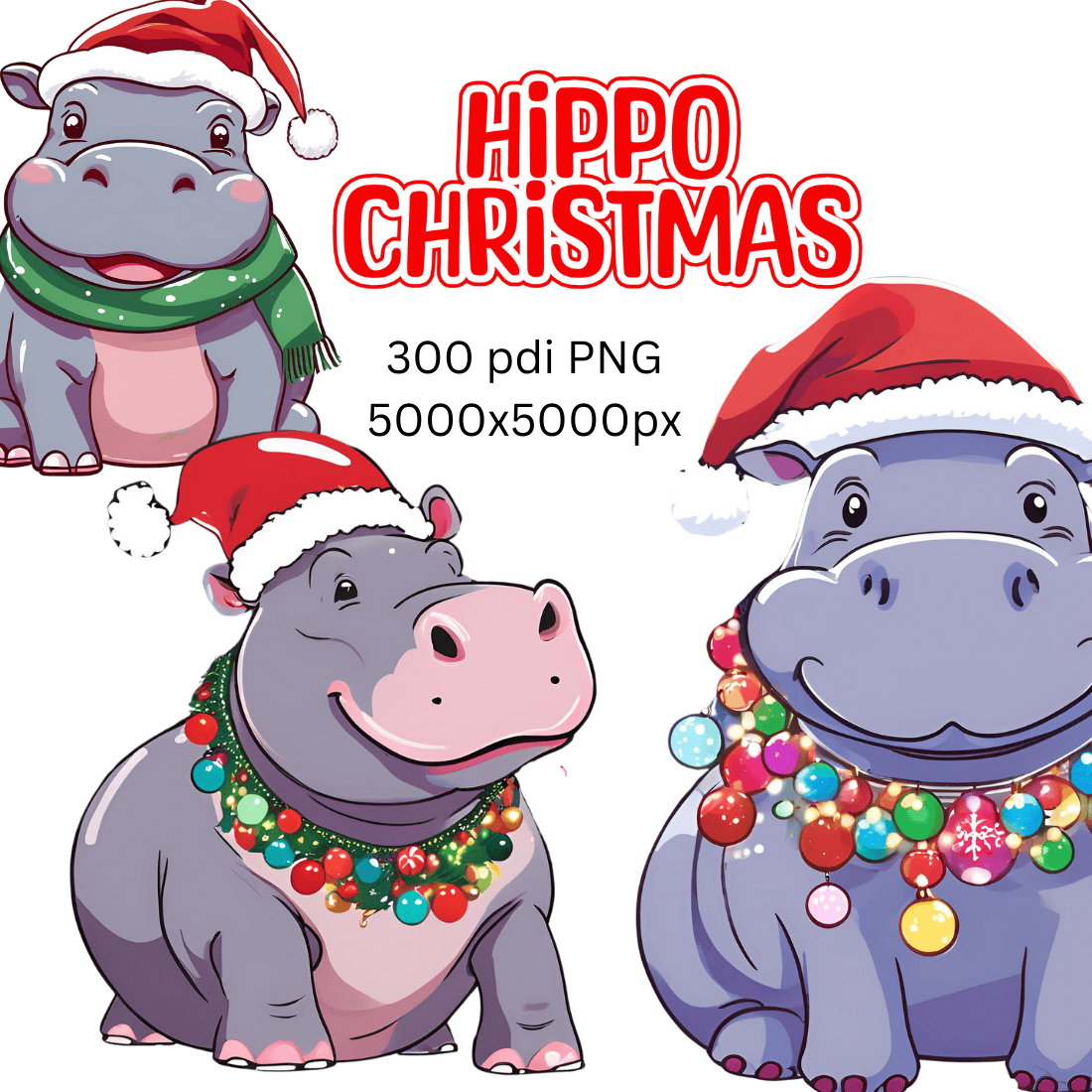 Hippo Christmas cliparts bundle PNG 300dpi transparent backgraund large size preview image.