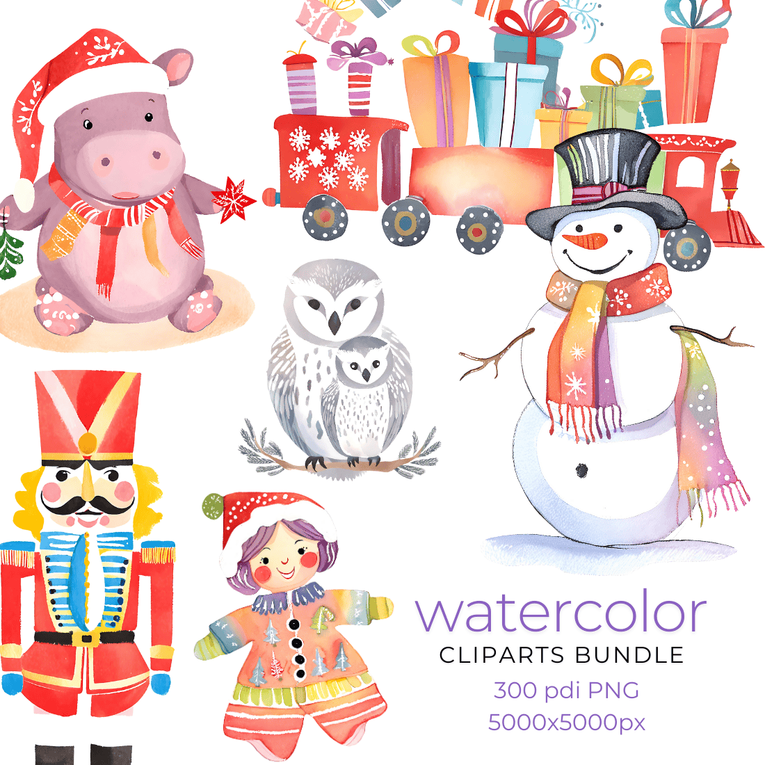 Watercolor painting Christmas Characters cliparts bundle PNG large images transparent backgraund cover image.