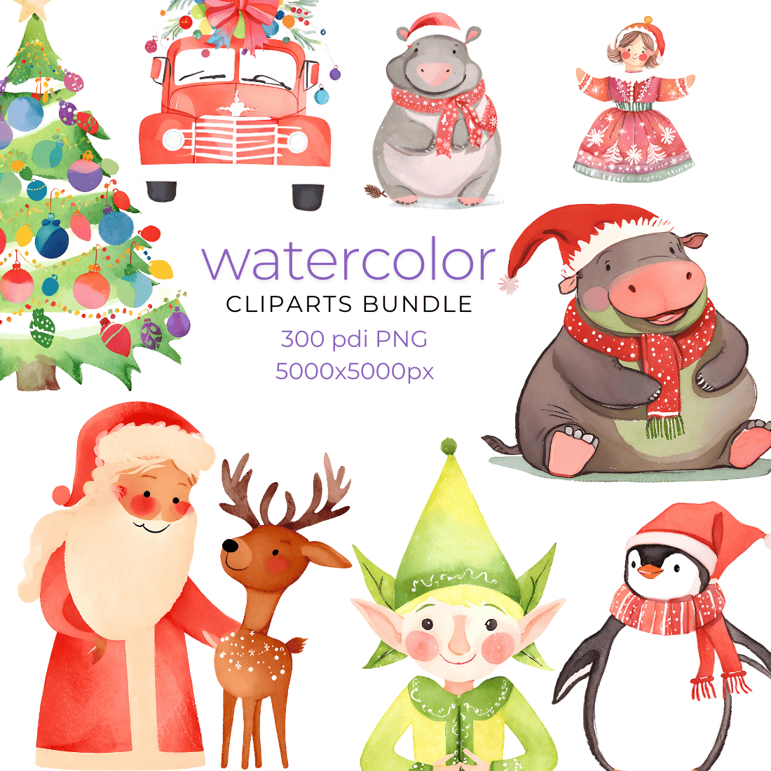 Watercolor painting Christmas Characters cliparts bundle PNG large images transparent backgraund preview image.