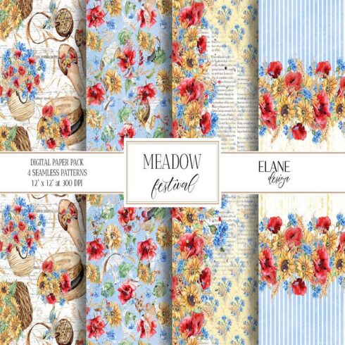 Meadow Flowers Digital Paper, Wild Flowers Seamless Designsjpg cover image.