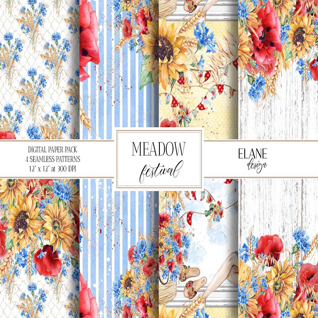 Meadow Flowers Digital Paper, Wild Flowers Seamless Designsjpg preview image.