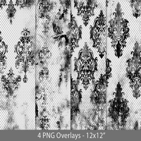 Super grungy texture damask overlay, black PNG cover image.