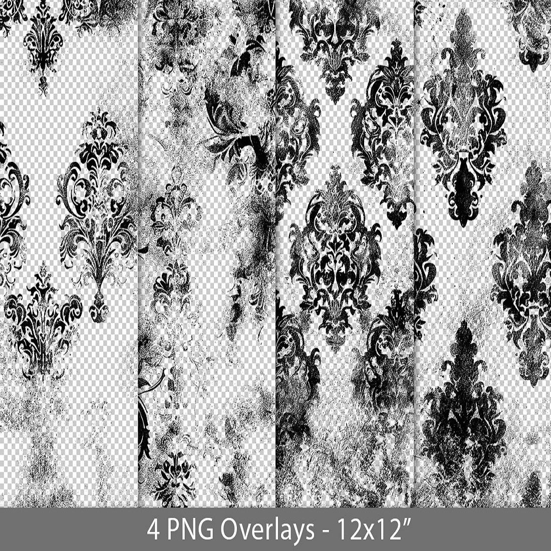 Super grungy texture damask overlay, black PNG preview image.