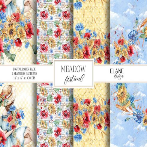 Meadow Flowers Digital Paper, Wild Flowers Seamless Designsjpg cover image.