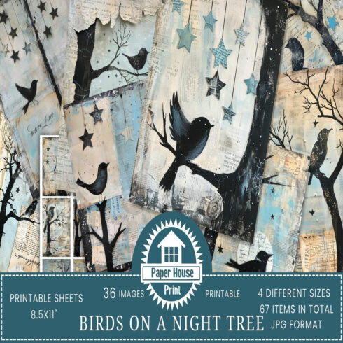 Birds on a Night Tree Junk Journal Paper cover image.