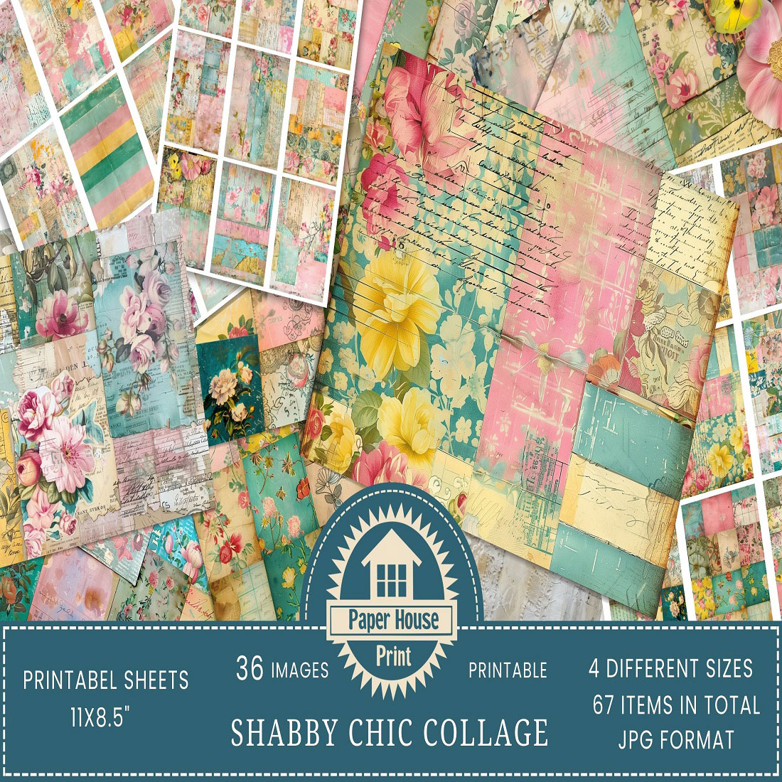 Vintage Shabby Chic Collage Paper, Shabby Junk Journal Paper preview image.