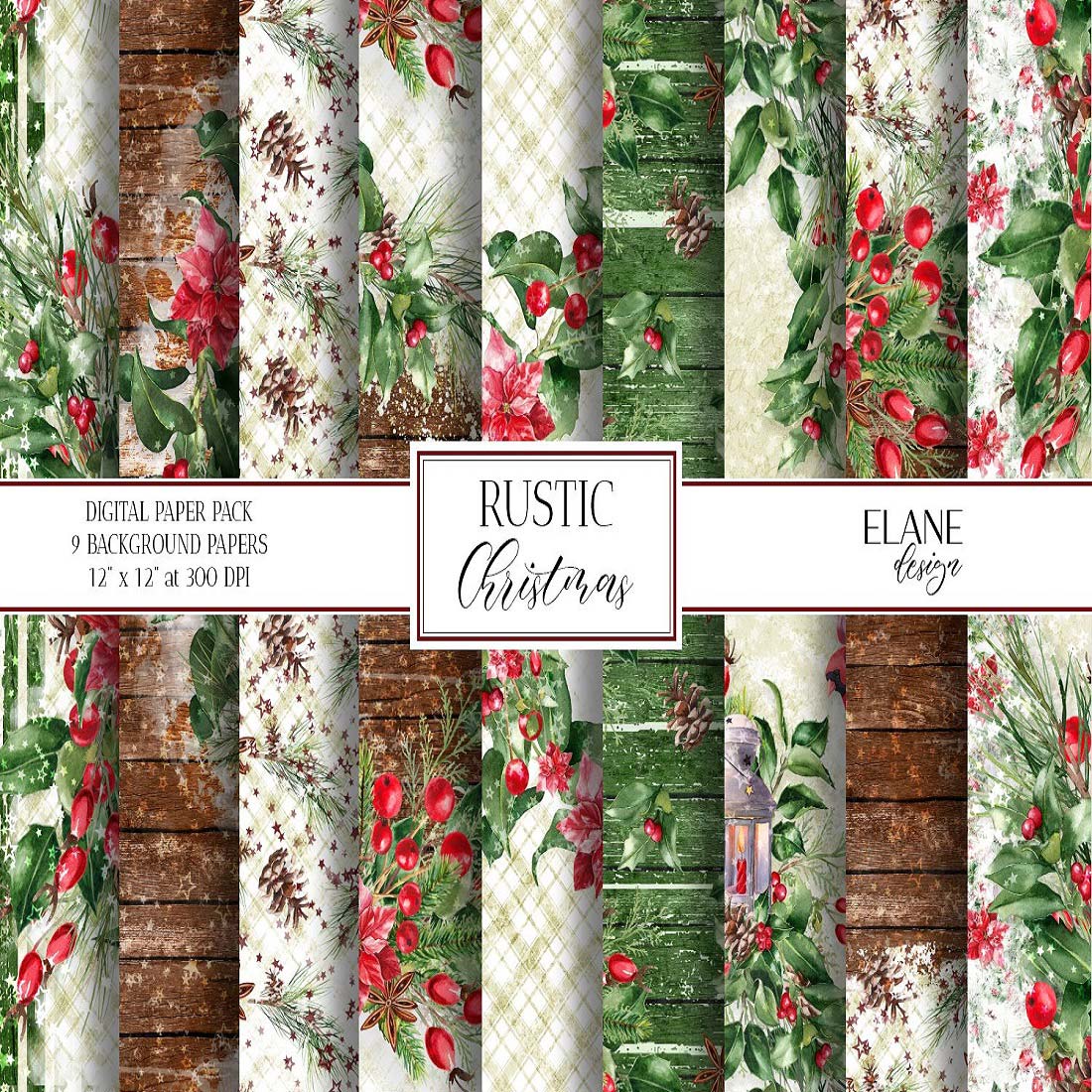 Rustic Christmas Digital Paper, Traditional Christmas preview image.