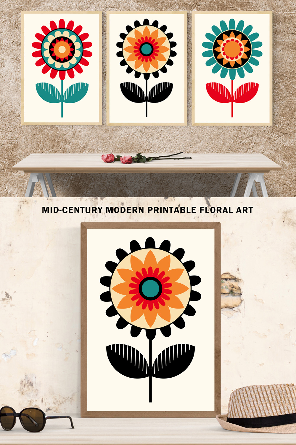 Retro Modern Abstract Floral Art Set pinterest preview image.