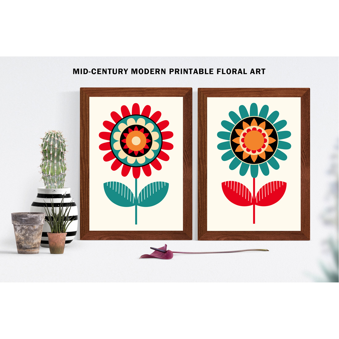 Retro Modern Abstract Floral Art Set preview image.