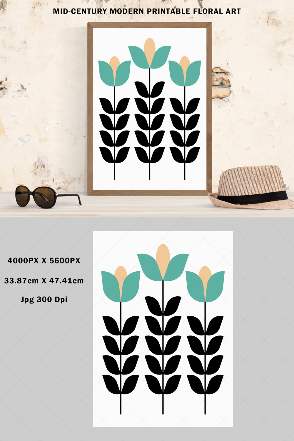 Three Minimalist Teal & Black Flowers pinterest preview image.