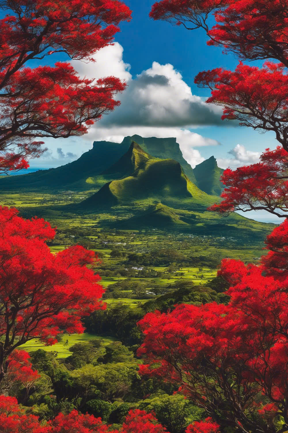 Majestic Mountain Landscapes of Mauritius with Vibrant Red Flame Trees pinterest preview image.