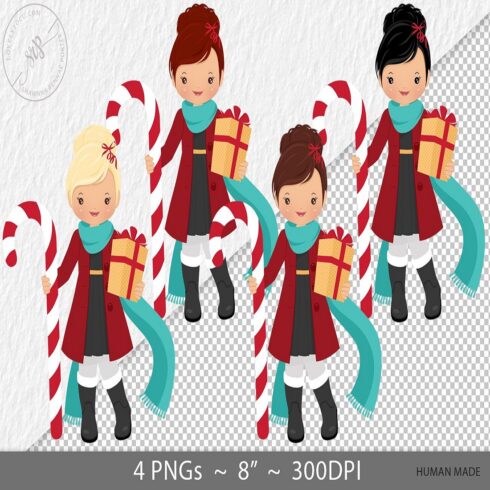 Christmas girl clipart poses, PNG graphic cover image.