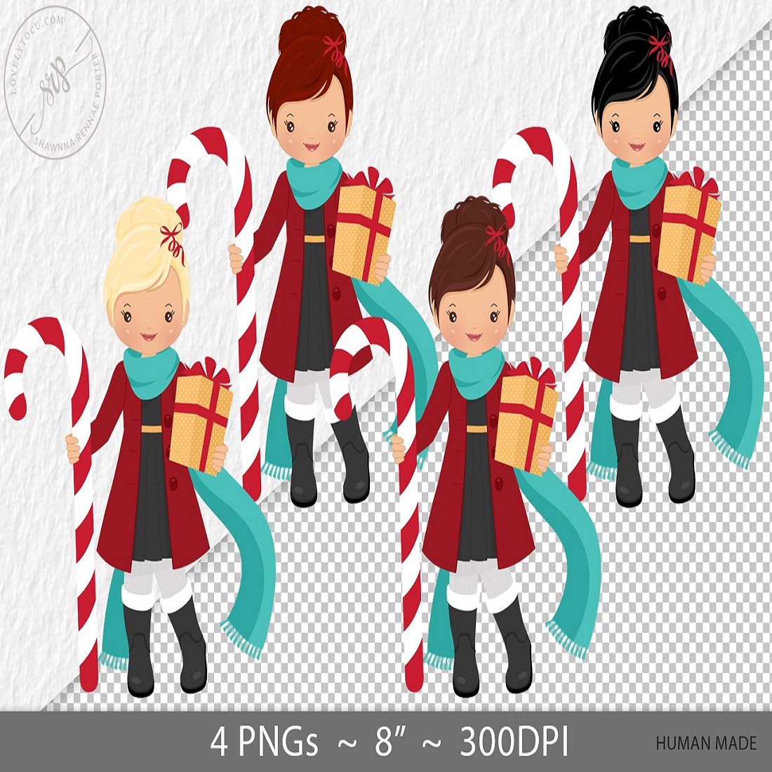 Christmas girl clipart poses, PNG graphic cover image.