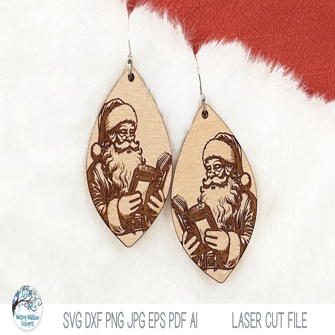 Santa Reading Book Christmas Laser Earring preview image.