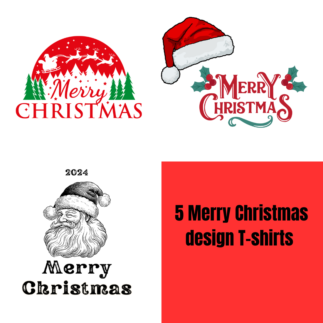 5 Merry Christmas design T-shirts cover image.