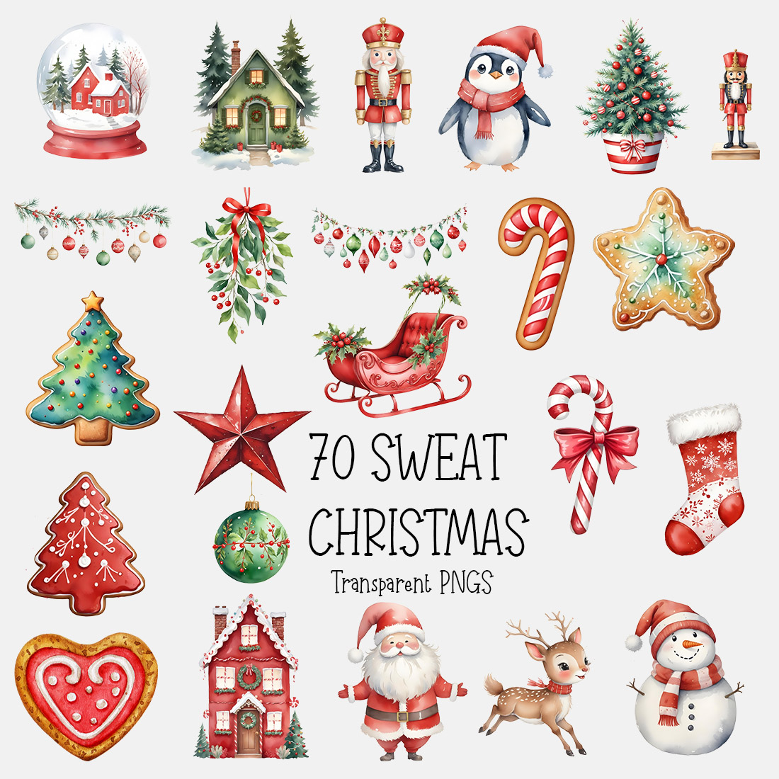 70 Sweet Christmas Clipart Bundle PNG preview image.