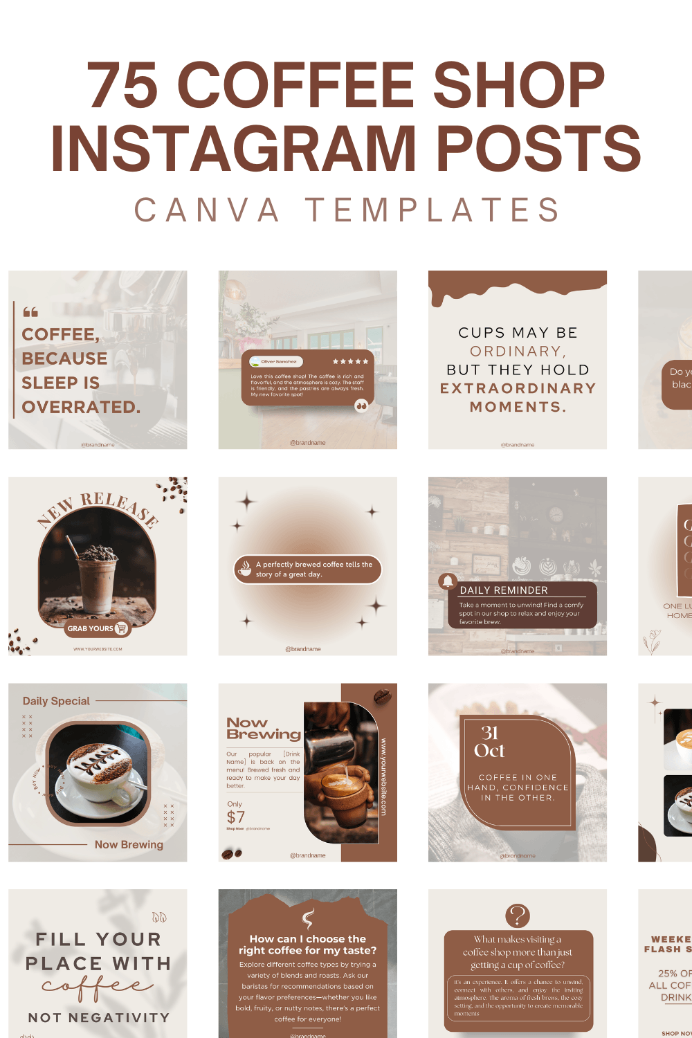 75 Coffee Shop Instagram Posts - Social Media Canva Template For Cafe Owners pinterest preview image.