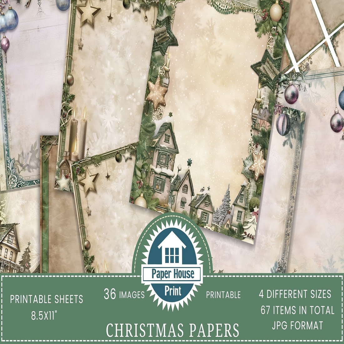 Vintage Blank Christmas Junk Journal Kit, Green Borders preview image.