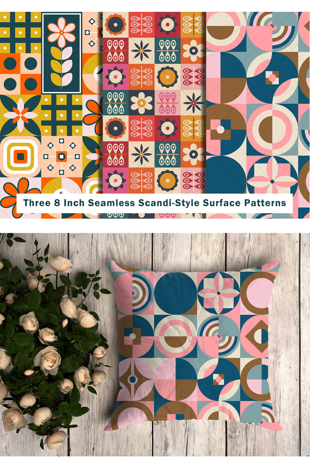 Three 8" Scandi-Style Seamless Patterns pinterest preview image.