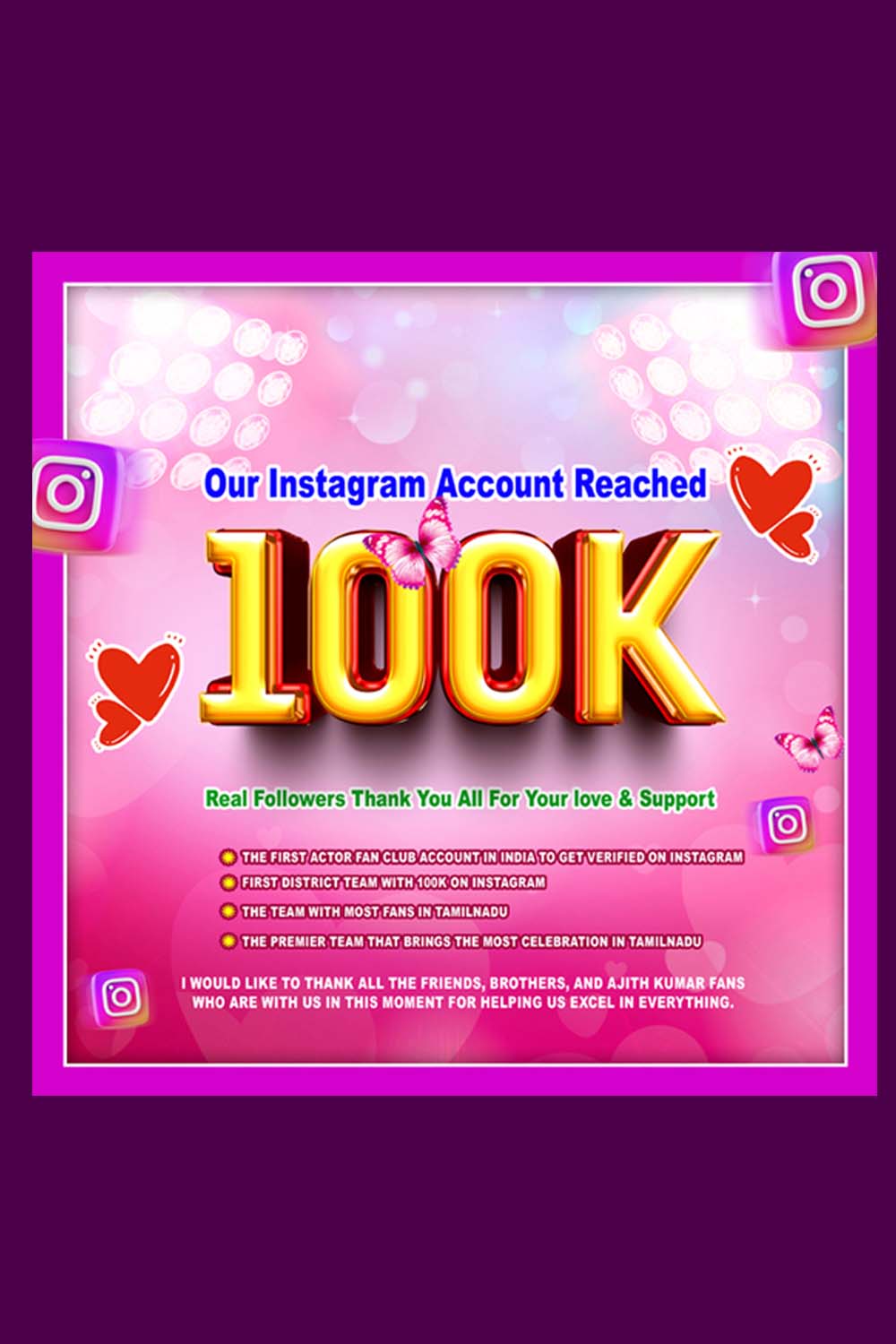 Instagram 100K reached Banner template and flyer PSD File pinterest preview image.