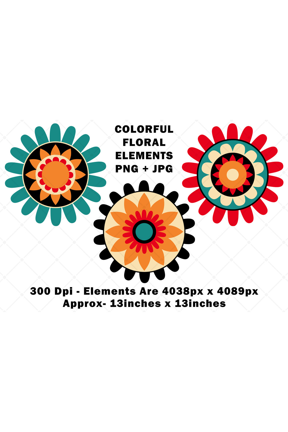 Colorful Funky Flower Design Elements pinterest preview image.