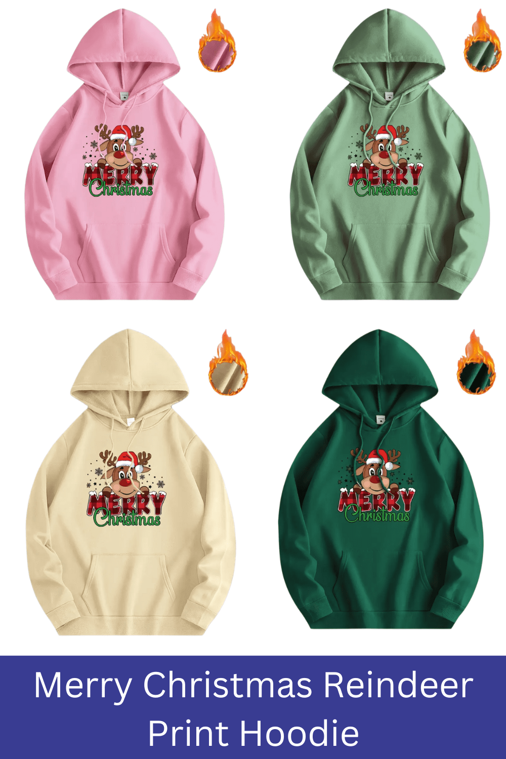 Merry Christmas Reindeer Print Hoodie - Cozy Fleece Pullover with Kangaroo Pocket pinterest preview image.