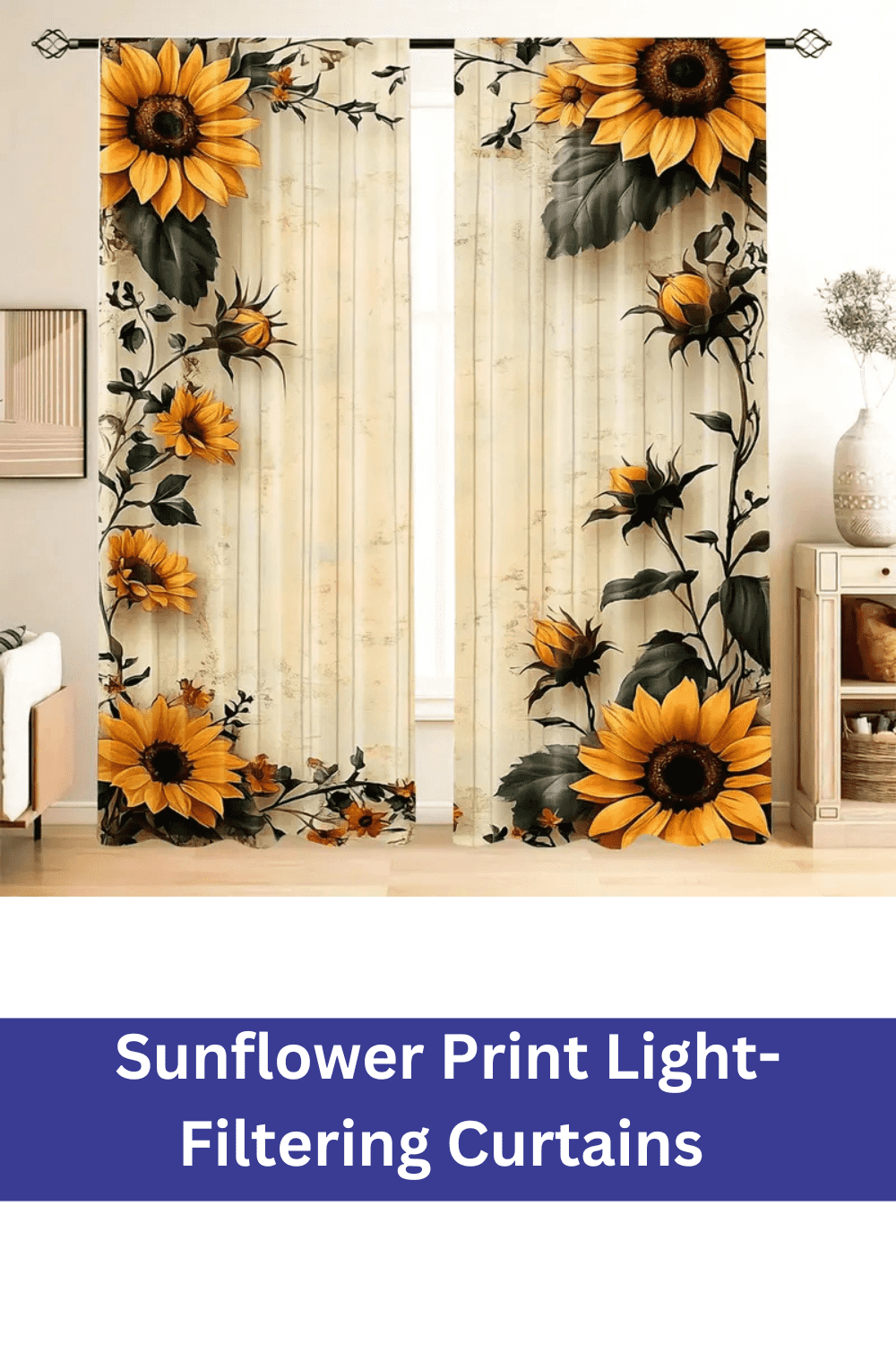 Sunflower Print Light-Filtering Curtains - Elegant Rod Pocket Drapes for Home Decor pinterest preview image.