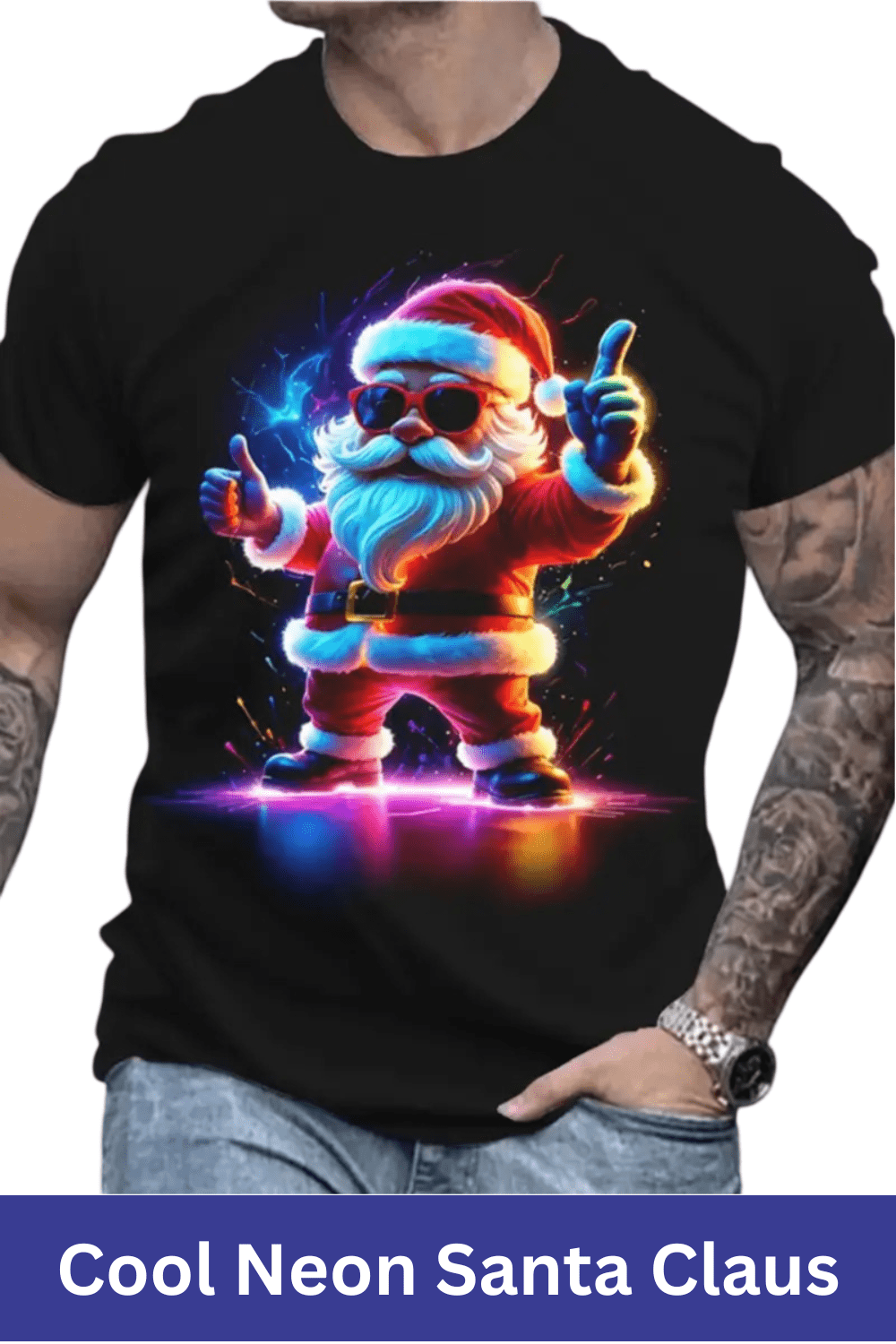 Cool Neon Santa Claus with Sunglasses - Vibrant Christmas T-Shirt Design pinterest preview image.