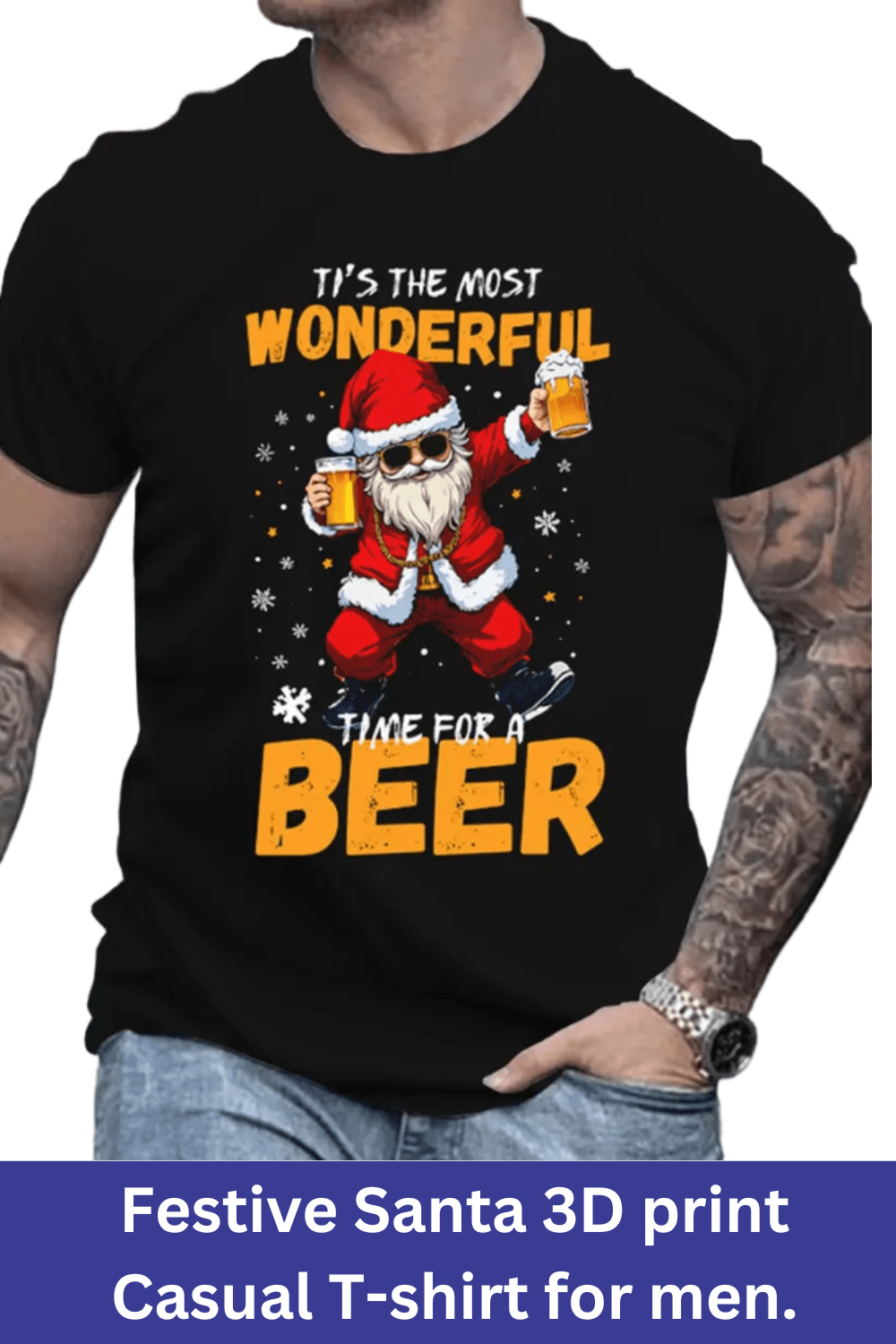 Men's Santa 3D Print Casual T-Shirt - Festive Round Neck Holiday Tee for Summer pinterest preview image.