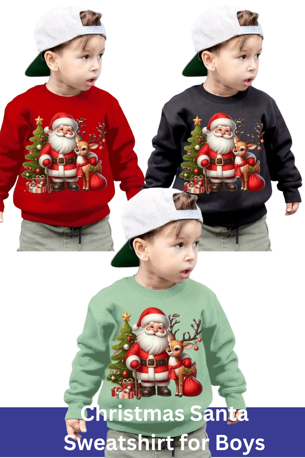 Festive Christmas Santa & Reindeer Sweatshirt for Boys - Cozy Autumn/Winter Knitwear pinterest preview image.