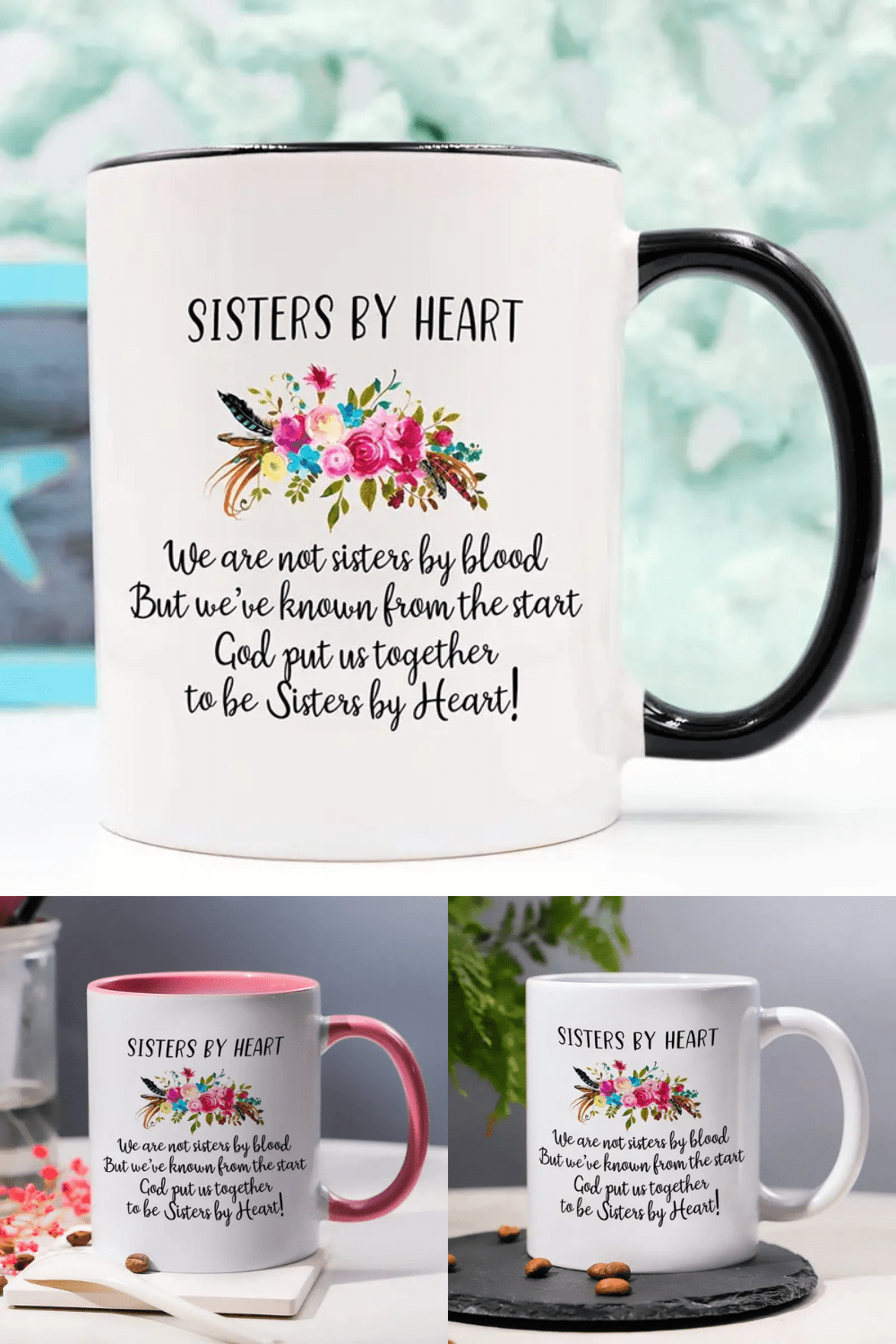 Sisters By Heart Ceramic Mug - White Coffee Tea Mug, Perfect Gift for Birthdays & Home Kitchen Use pinterest preview image.