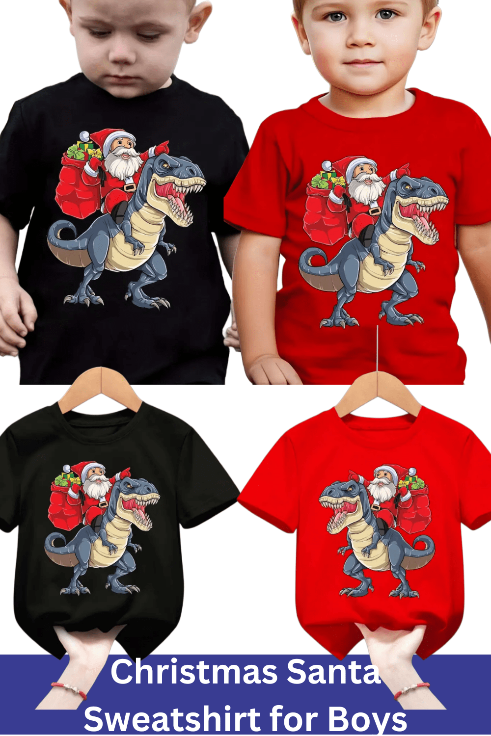 Festive Dinosaur & Santa Claus T-Shirt for Kids - Christmas Summer Tee for Boys pinterest preview image.