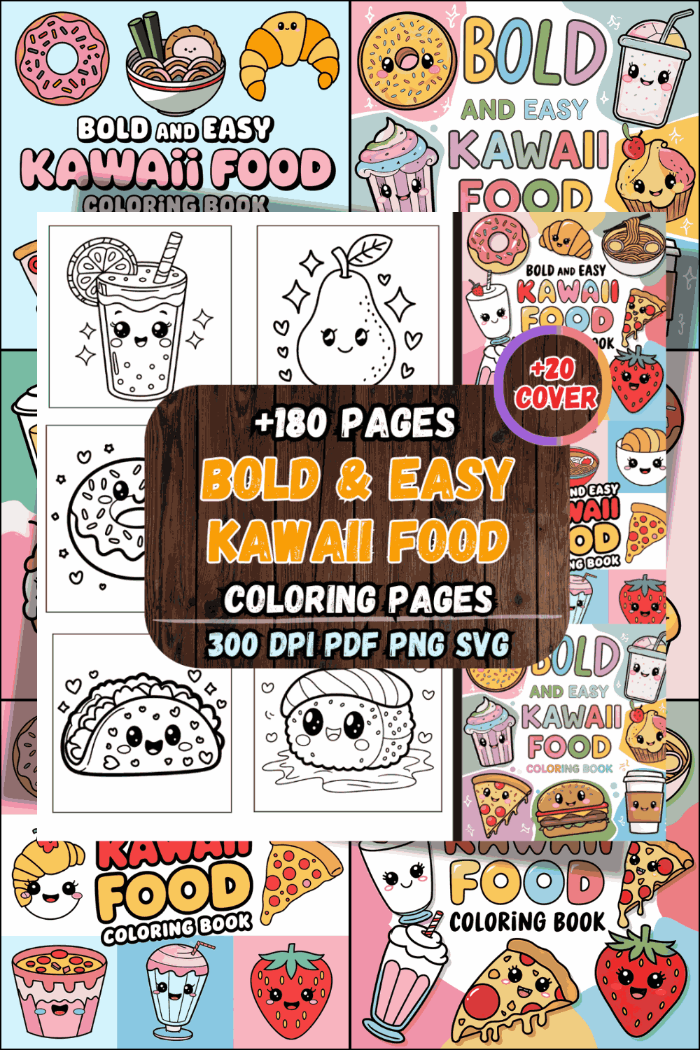 Bold and Easy Kawaii Food Coloring Pages Bundle | KDP Interior pinterest preview image.