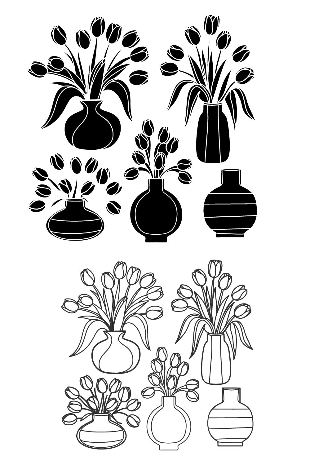 8 Pes Elegant Black Tulip Bouquets with Minimalist Vases Design logo Bundle pinterest preview image.