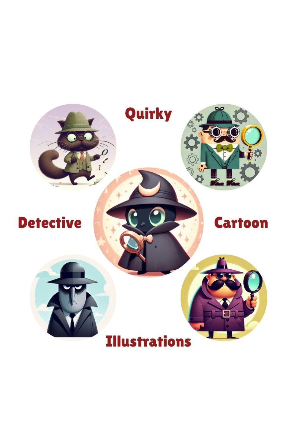 Quirky Detective Cartoon Illustrations pinterest preview image.