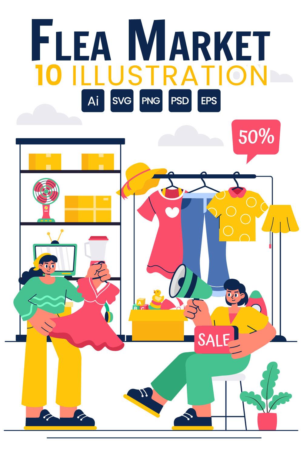 10 Flea Market Shopping Illustration pinterest preview image.