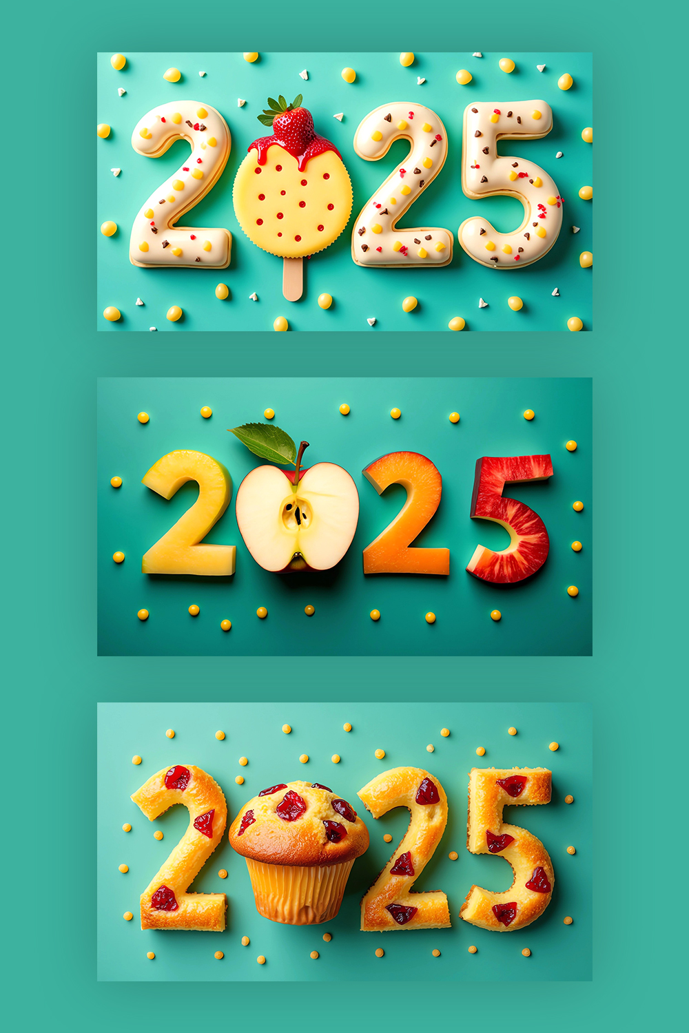 Colorful graphic featuring the year 2025 composed of different slices pinterest preview image.